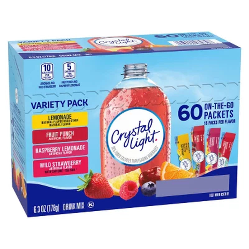 Crystal Light Lemonade, Fruit Punch, Raspberry Lemonade and Wild Strawberry Powdered Drink Mix Variety Pack 60 Ct.