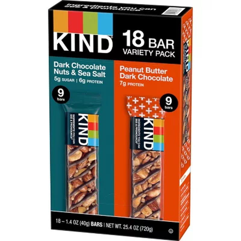 KIND Snack Bars Variety Pack, Dark Chocolate Nuts & Sea Salt and Peanut Butter Dark Chocolate 18 Ct.