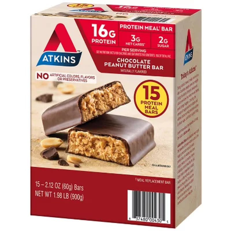 Atkins Chocolate Peanut Butter Meal Bars, High Fiber, 16G of Protein 15 Ct.