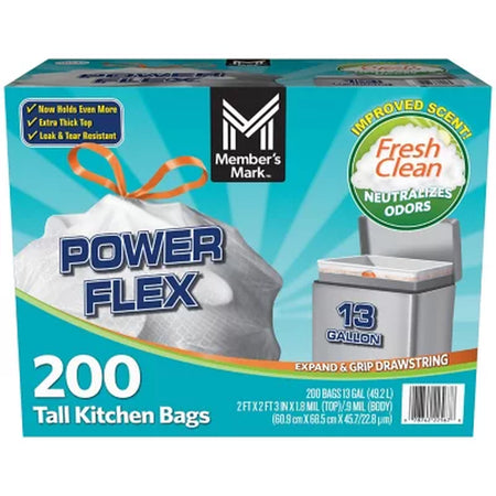 Member'S Mark Power Flex Tall Kitchen Drawstring Trash Bags, Fresh Scent 13 Gal., 200 Ct.