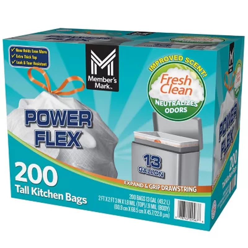 Member'S Mark Power Flex Tall Kitchen Drawstring Trash Bags, Fresh Scent 13 Gal., 200 Ct.