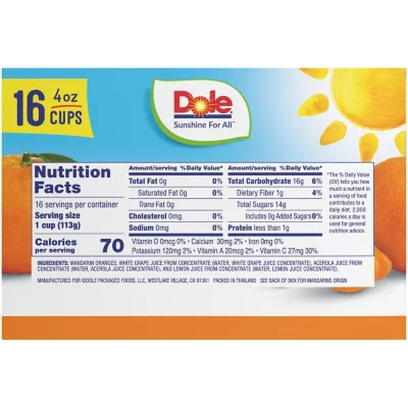 Dole Mandarin Oranges in 100% Fruit Juice, 4 Oz., 16 Pk.