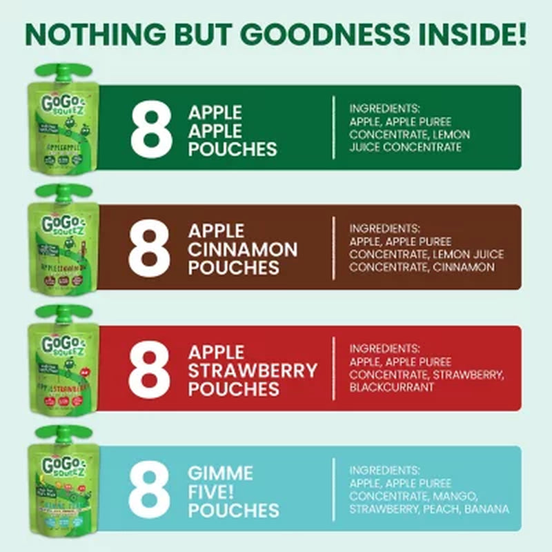 Gogo Squeez Applesauce, Apple, Cinnamon, Strawberry and GIMME Five, 3.2 Oz., 32 Ct.