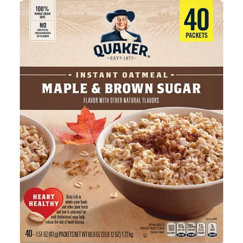 Quaker Instant Oatmeal, Maple Brown Sugar, 1.51 Oz., 40 Pk.