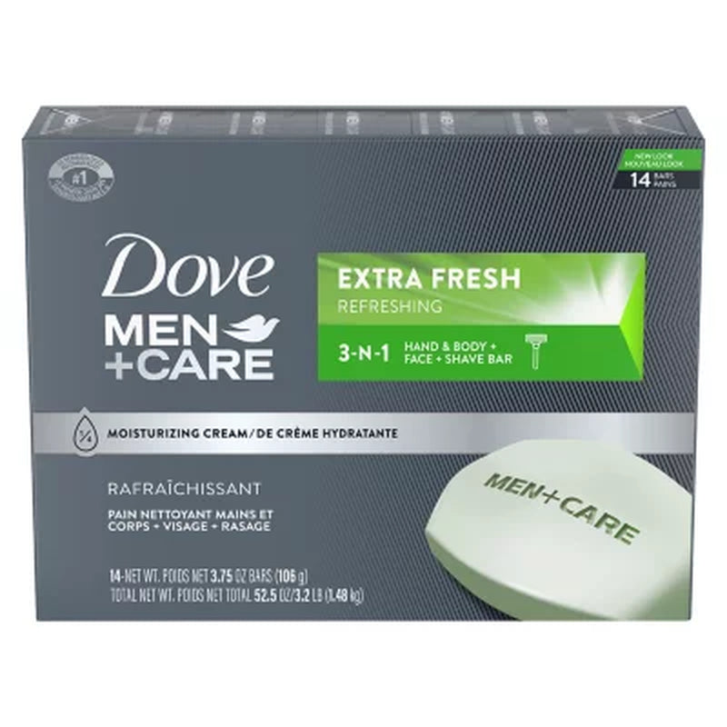 Dove Men+Care Body and Face Bar Soap, Extra Fresh, 3.75 Oz., 14 Ct.