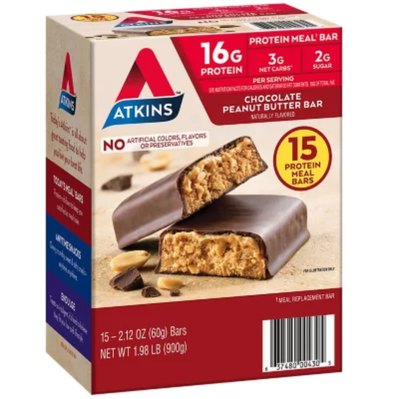 Atkins Chocolate Peanut Butter Meal Bars, High Fiber, 16G of Protein 15 Ct.