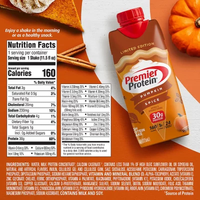 Premier Protein 30G High Protein Shake, Pumpkin Spice, 11 Fl. Oz., 15 Pk.