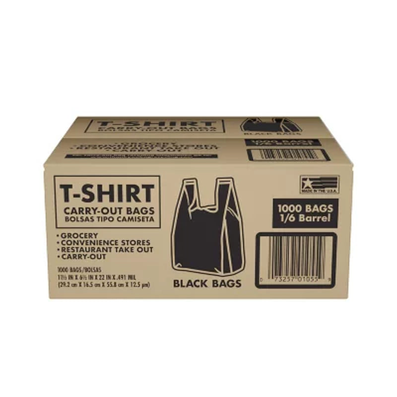 Black T-Shirt Carryout Bags, 11.5" X 6.5" X 22" 1000 Ct.