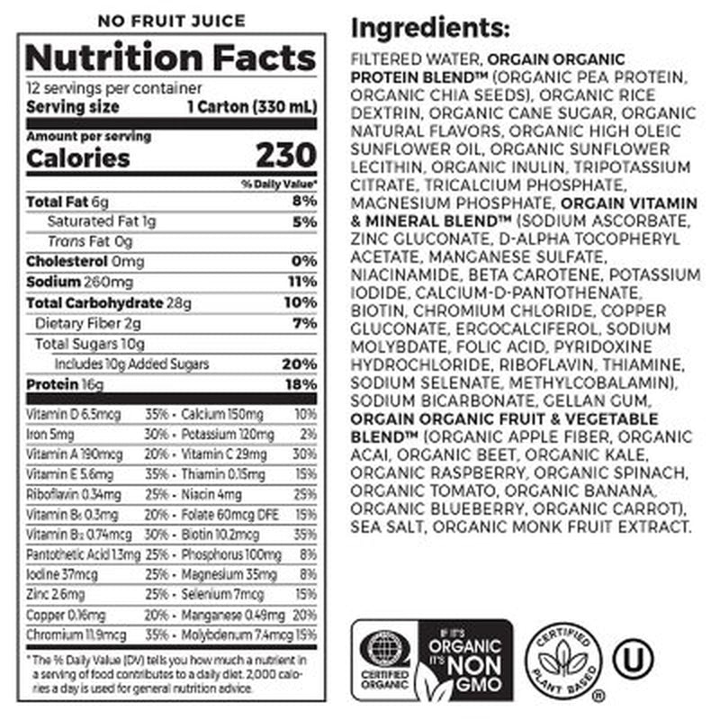 Orgain Organic Nutrition 16G Vegan Plant Based Protein Shake, Vanilla Bean 11 Fl. Oz., 12 Ct.