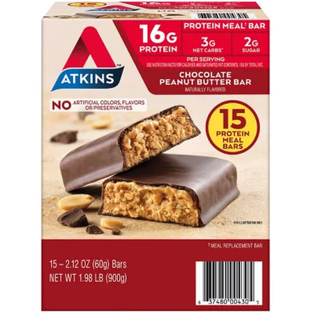 Atkins Chocolate Peanut Butter Meal Bars, High Fiber, 16G of Protein 15 Ct.