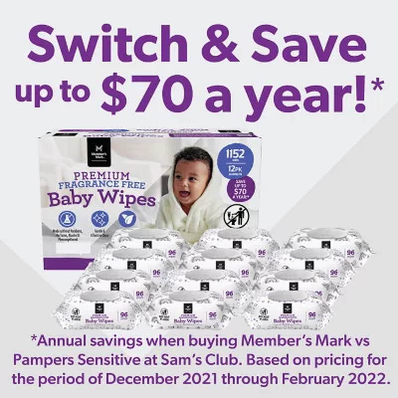 Member'S Mark Premium Baby Wipes, Fragrance Free, 12 Pk., 1152 Wipes