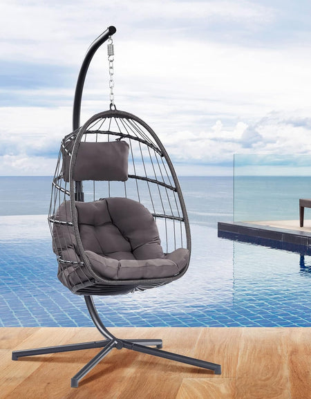 Patio Hanging Swing Egg Chair Rattan Wicker With Steel Frame and UV Resistant Cushion