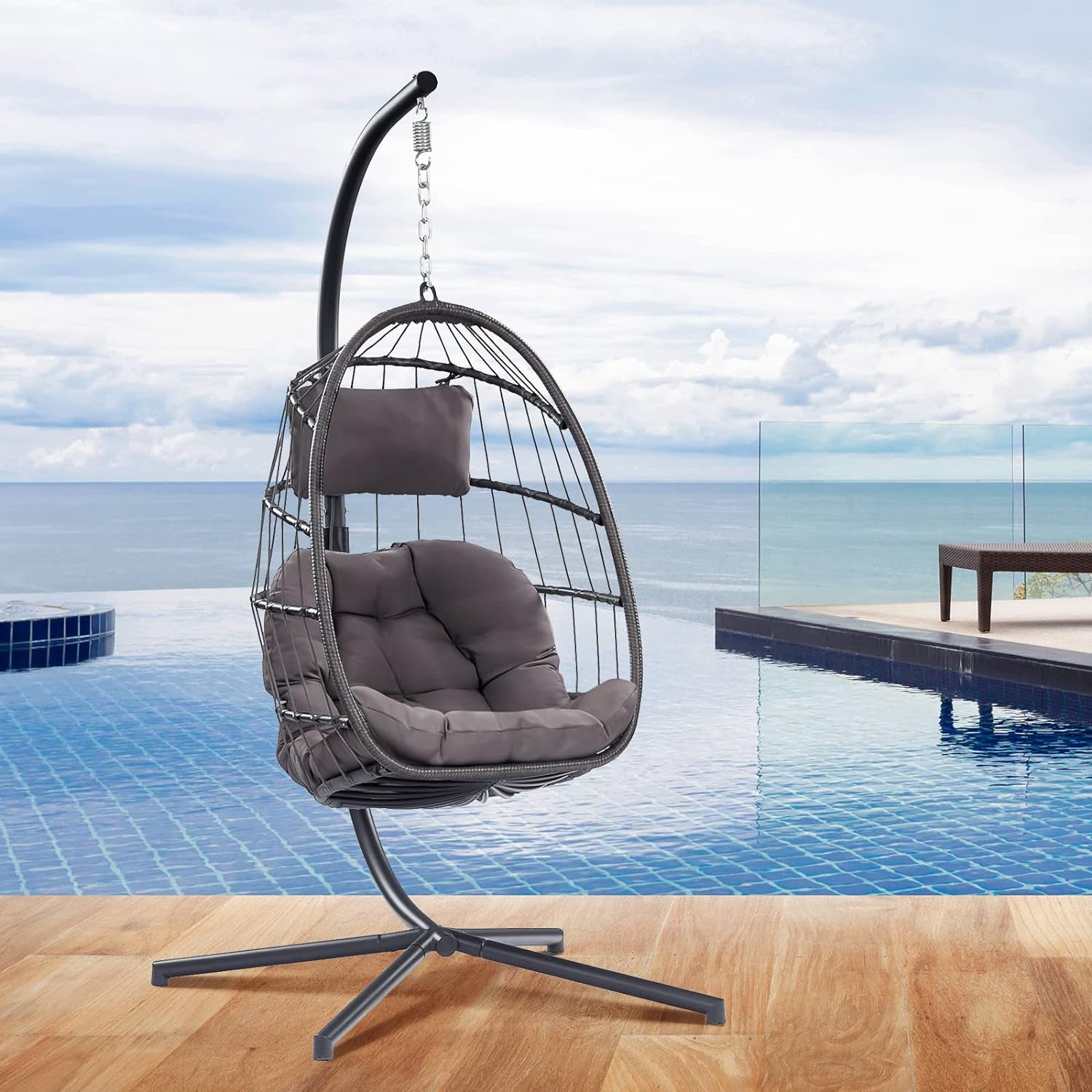 Patio Hanging Swing Egg Chair Rattan Wicker With Steel Frame and UV Resistant Cushion