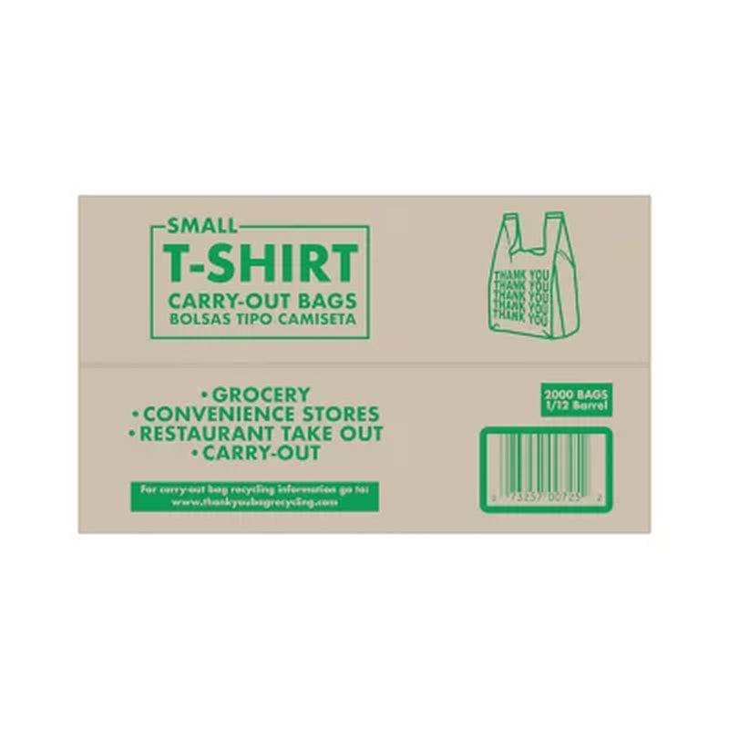 Small T-Shirt Carry-Out Bags, 7" X 5" X 15" (2000 Ct.)