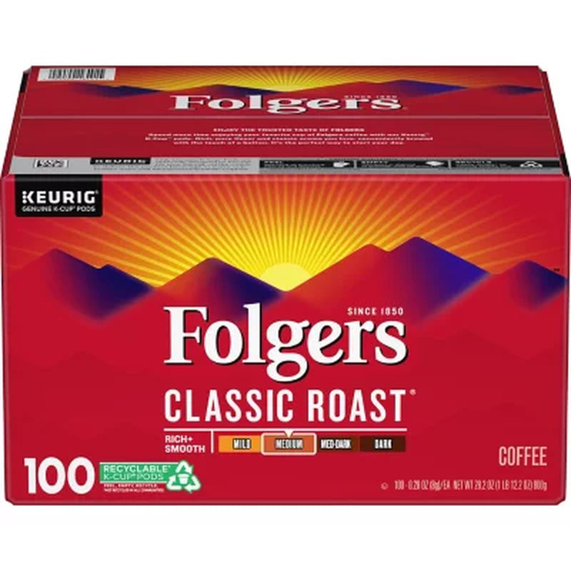 Folgers Classic Medium Roast K-Cup Coffee Pods, 100 Ct.